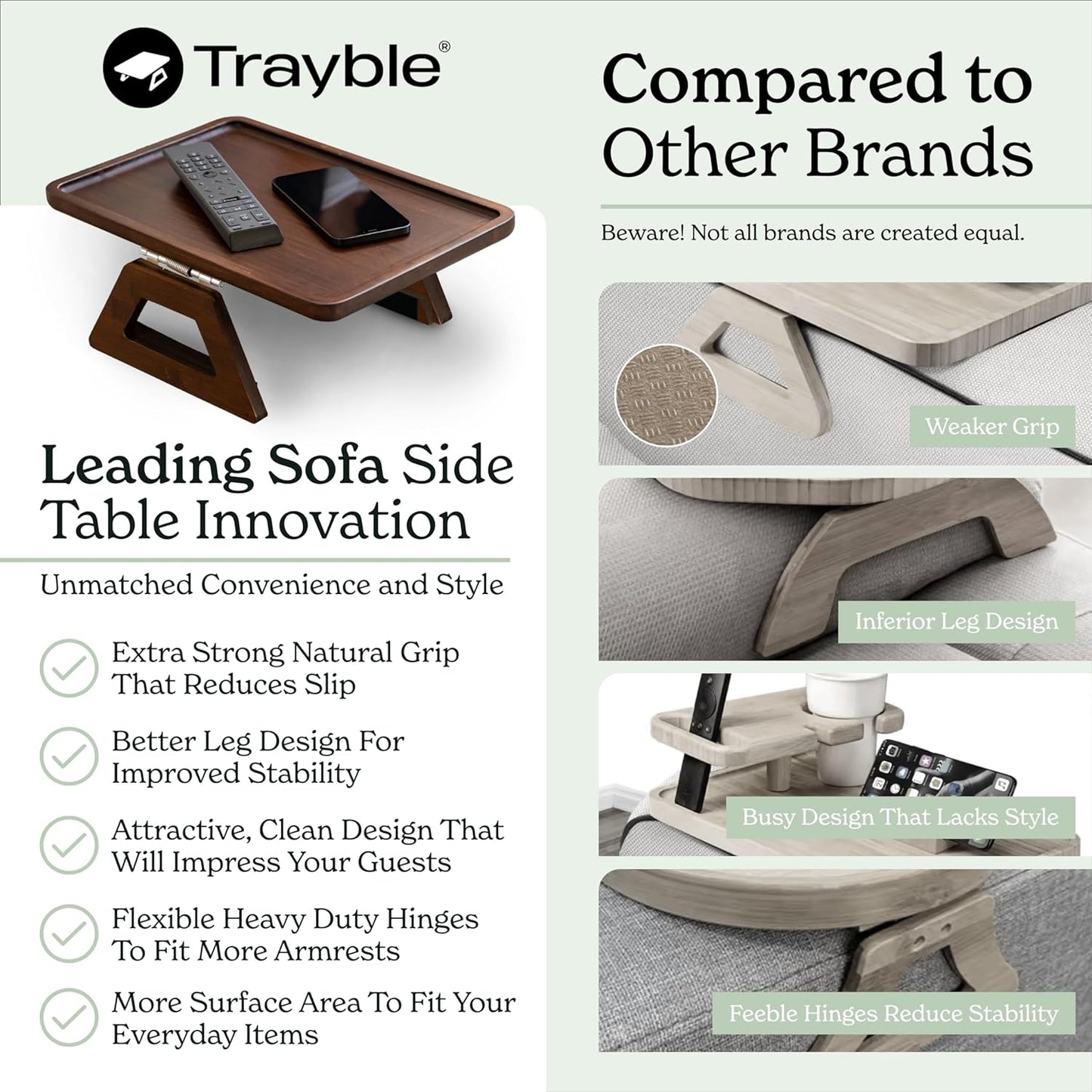 Bamboo Trayble Couch Arm Table, Clip on Tray Sofa Table for Couches. Sofa Arm Tray, Armchair Table for TV Dinners, Remotes, Drinks and Snacks - 13.75 X 9.5Inch, Brown | Clip on Tray, Sofa Table, Sofa Arm Tray, Armchair Table, TV Dinners, Remotes
